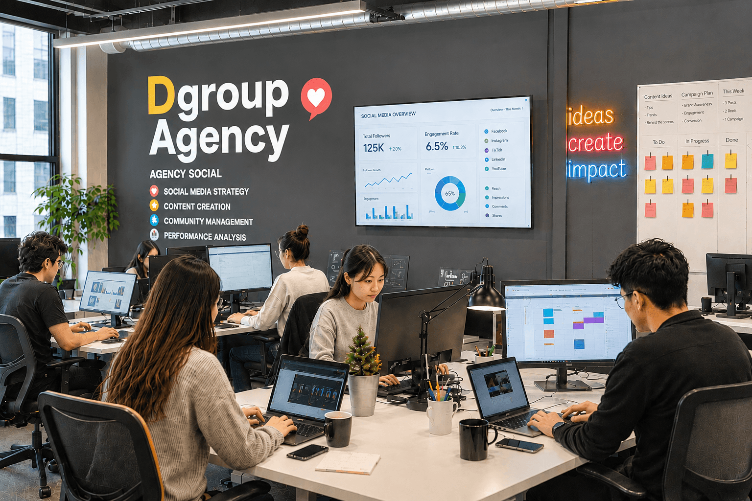 Dgroup Agency team working creatively in a modern office